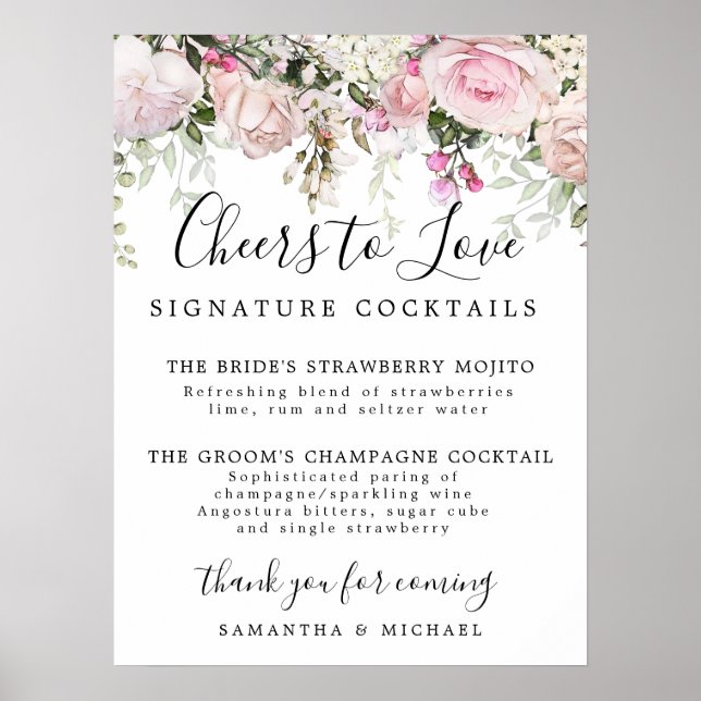Rosa Flora Signature Cocktails Hochzeitszeichen Ba Poster (Vorne)
