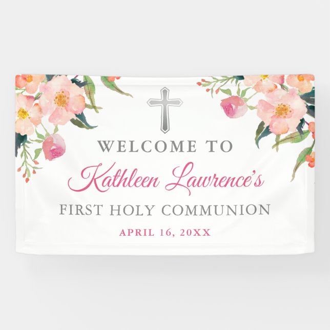 Rosa Flora Silberkreuz Mädchen Erste Heilige Kommu Banner (Horizontal)