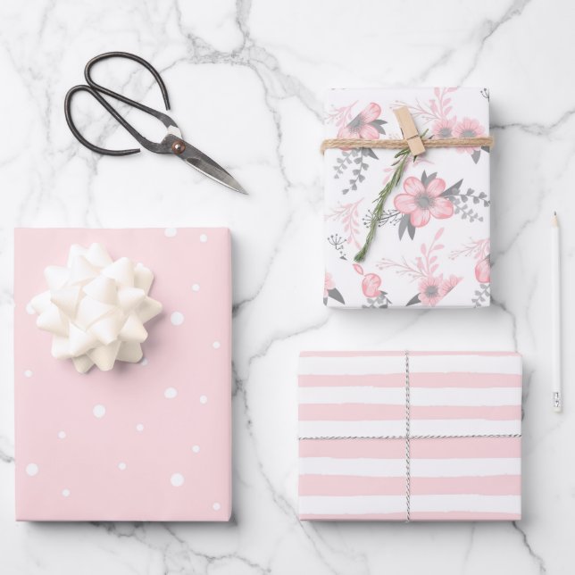 Rosa Flora, Streifen und Polka-Punkte Geschenkpapier Set (Vorderseite)