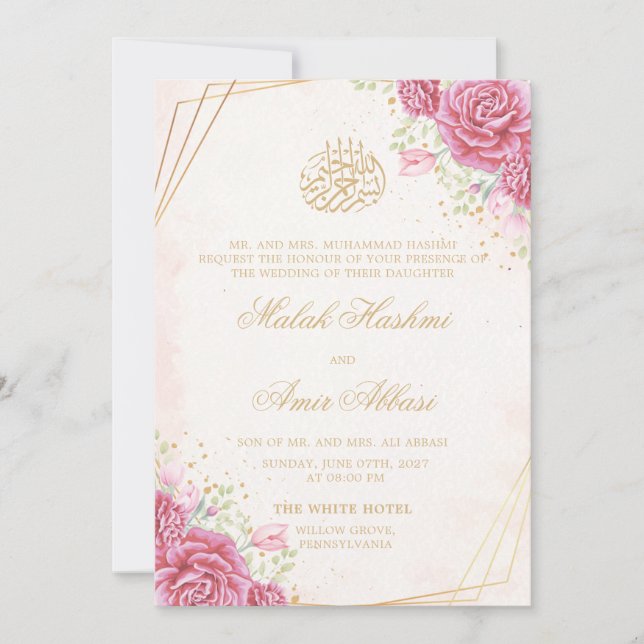 Rosa Flora und Rose Goldene islamische Hochzeit Einladung (Vorderseite)