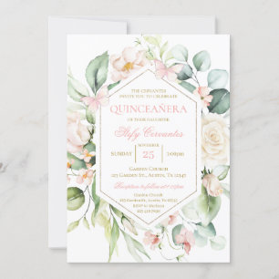 Rosa Flora und Schmetterling Quinceñera Einladung