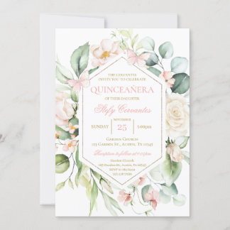 Rosa Flora und Schmetterling Quinceñera Einladung