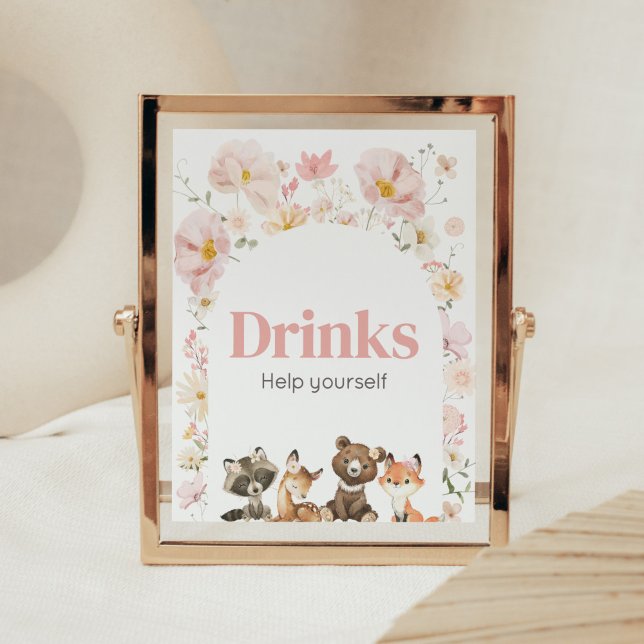 Rosa Flora Woodland Animals Baby Duschgetränke Poster (Pink Flower Woodland Animals Baby Shower Drinks Sign)