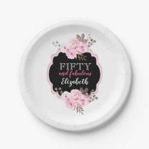 Rosa Floral 50 und üppiger schwarzer und weißer  Pappteller