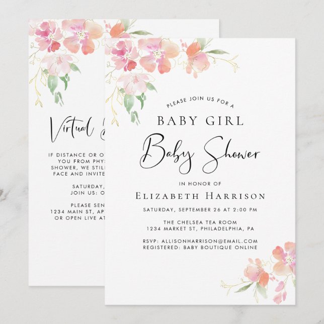 Rosa Floral Baby Girl Dusche mit Virtual Option Einladung (Vorne/Hinten)