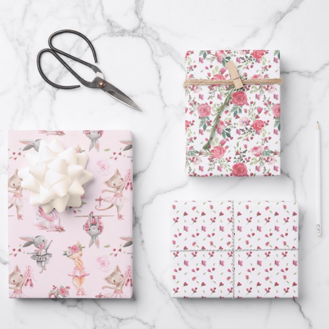 Rosa Floral Ballerina Bunny und Kitty Geschenkpapier Set (Vorderseite)