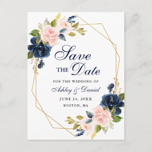Rosa Floral Blau Save-the-Date-Karte Ankündigungspostkarte