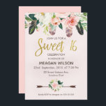 Rosa Floral Boho 16. Geburtstagsfeier Einladung<br><div class="desc">Sie suchen eine böhmische 16 . Geburtstag-Geburtstagseinladung? Dieses Design zeichnet sich durch eine große Blumenarrangements und Federn im oberen Teil der Einladung aus. Ich habe auch einige Blume in der unteren Hälfte des Designs hinzugefügt, die auf einigen Aquarellpfeilen stehen. Die Imitate Goldfolie Kalligrafie süß 16 Titel ist Teil des Bildes...</div>