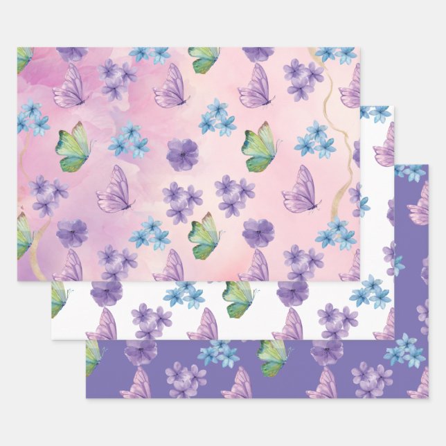 Rosa Floral Butterfly Geschenkpapier Set (Set)