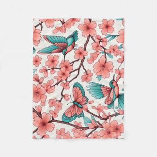 Rosa Floral Butterfly Hummingbirds Fleecedecke