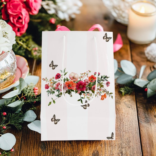 Rosa Floral Butterfly Mittlere Geschenktüte (Floral Butterfly and Pink Stripe gift /bag)