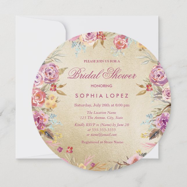 Rosa Floral Country Gold Brautparty Einladung (Vorderseite)