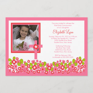 Rosa Floral Cross Foto Erste Kommunionik Einladung