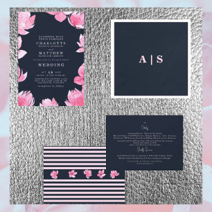 Rosa Floral & Dunkelblaue Aquarell-Hochzeit Einladung