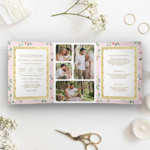 Rosa Floral Einteiler mit Gold Indische Hochzeit Dreifach Gefaltete Einladung