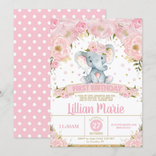 Rosa Floral Elefant 1. Geburtstag Einladung Mädche