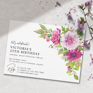 Rosa Floral | Elegante Moderne jedes Alters Geburt Einladung
