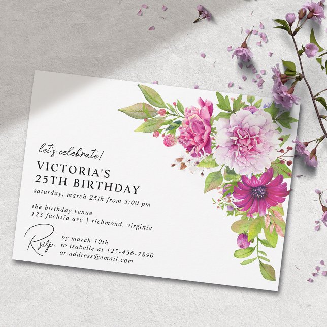Rosa Floral | Elegante Moderne jedes Alters Geburt Einladung (Von Creator hochgeladen)