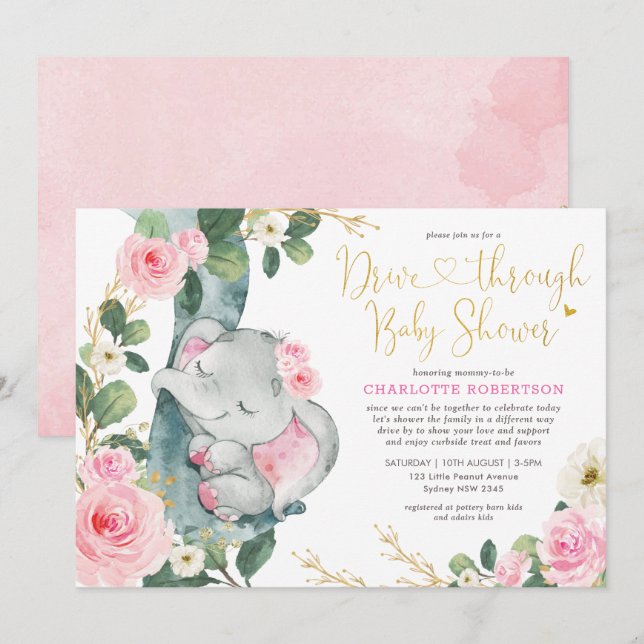 Rosa Floral Elephant Drive by Girl Babydusche Einladung (Vorne/Hinten)
