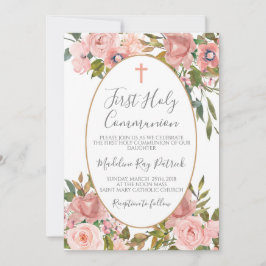 Rosa Floral Erste Kommune Einladung
