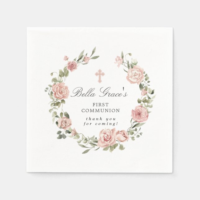Rosa Floral Erste Kommune Neapel Serviette (Vorderseite)