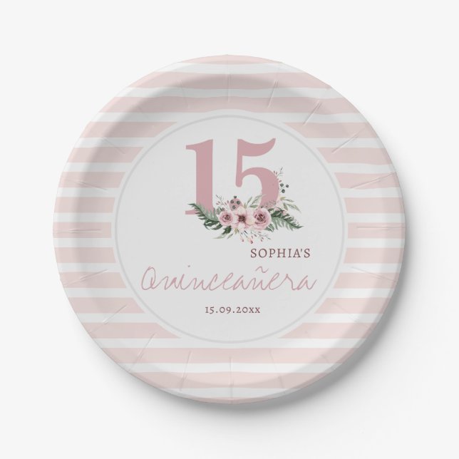 Rosa Floral & Eukalyptus Quinceanera 15. Geburtsta Pappteller (Vorderseite)