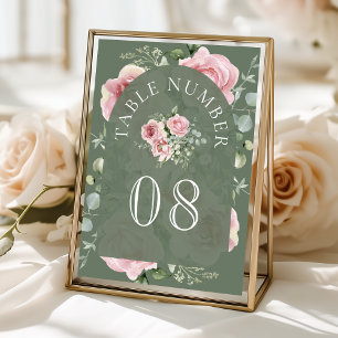 Rosa Floral Eukalyptus-Sage-Grün Hochzeit Tischnummer