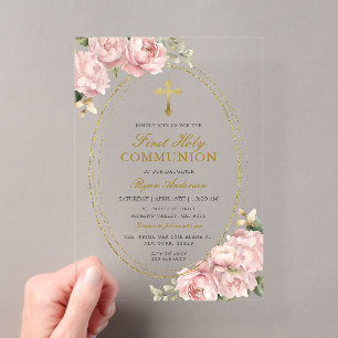 Rosa Floral Girl Erste Kommune Gold Kreuz Acryleinladungen