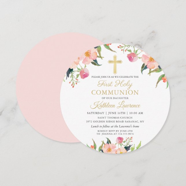 Rosa Floral Girl First Holy Communion Circle Einladung (Vorne/Hinten)