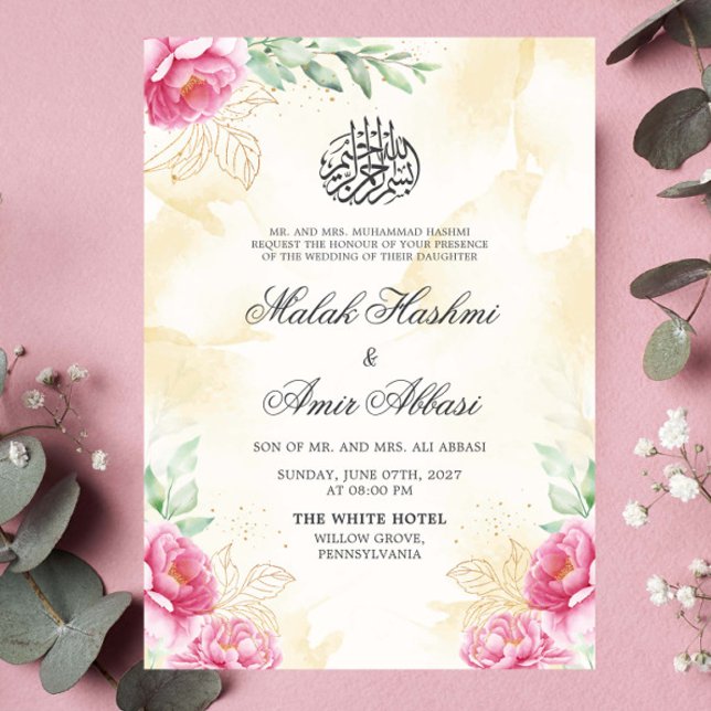 Rosa Floral Gold Beige Design Islamische Hochzeit Einladung (Von Creator hochgeladen)