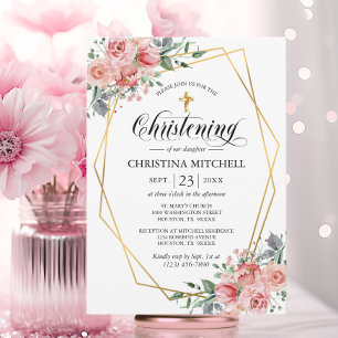 Rosa Floral Gold Cross Christening Taufe Girl Einladung