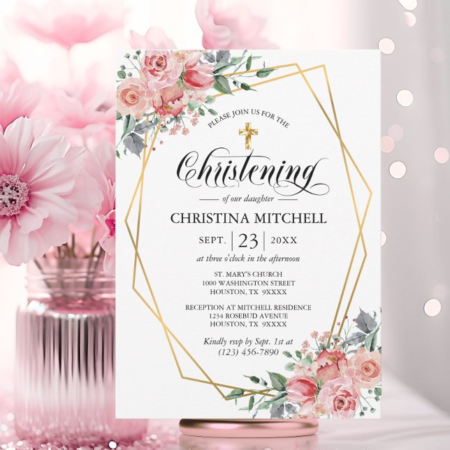 Rosa Floral Gold Cross Christening Taufe Girl Einladung (Pink Floral Gold Cross Christening Baptism Girl Invitation)