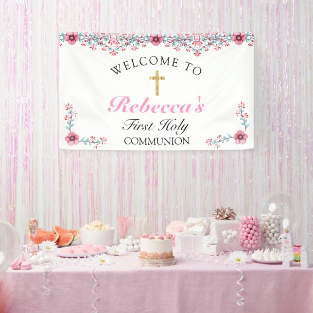 Rosa Floral Gold Cross Erste Kommune Willkommen Banner (Party)