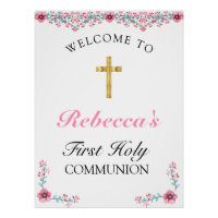 Rosa Floral Gold Cross Erste Kommune Willkommen