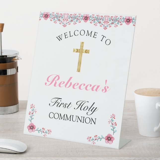 Rosa Floral Gold Cross Erste Kommune Willkommen Sockelschild (In Situ)
