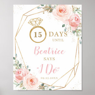 Rosa Floral Gold Geometrische Hochzeits-Countdown  Poster