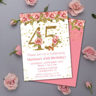 Rosa Floral Gold Glitter 45. Geburtstagsfeier Einladung