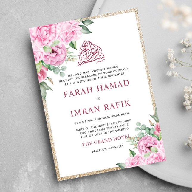 Rosa Floral Gold Glitzer Islamische Hochzeit Einladung (Von Creator hochgeladen)