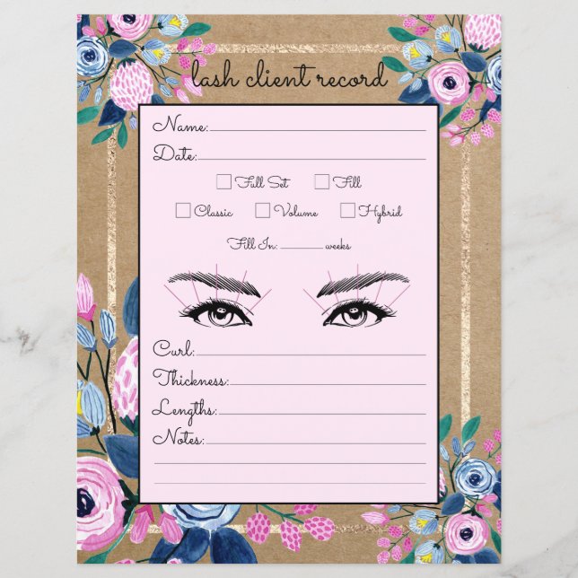 Rosa Floral Gold Kraft Papier Lash Client Record (Vorderseite)