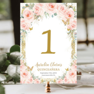 Rosa Floral Gold Quinceanera 15 Sweet 16 Tischnummer