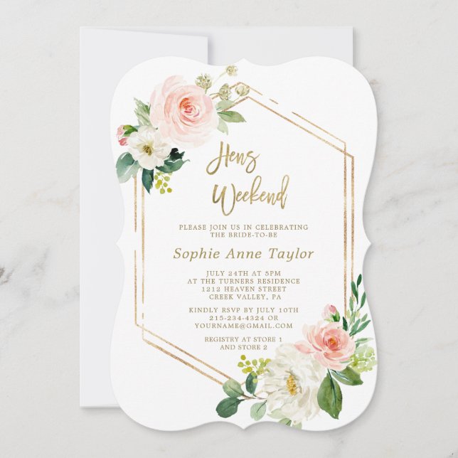 Rosa Floral Gold Rahmen Hühner Bachelorette Wochen Einladung (Vorderseite)