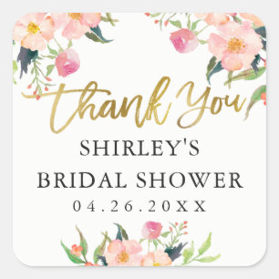Rosa Floral Gold Schrift Brautparty Danke Quadratischer Aufkleber
