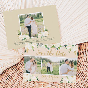 Rosa Floral Gold Schrift Drei Foto Hochzeit Save The Date