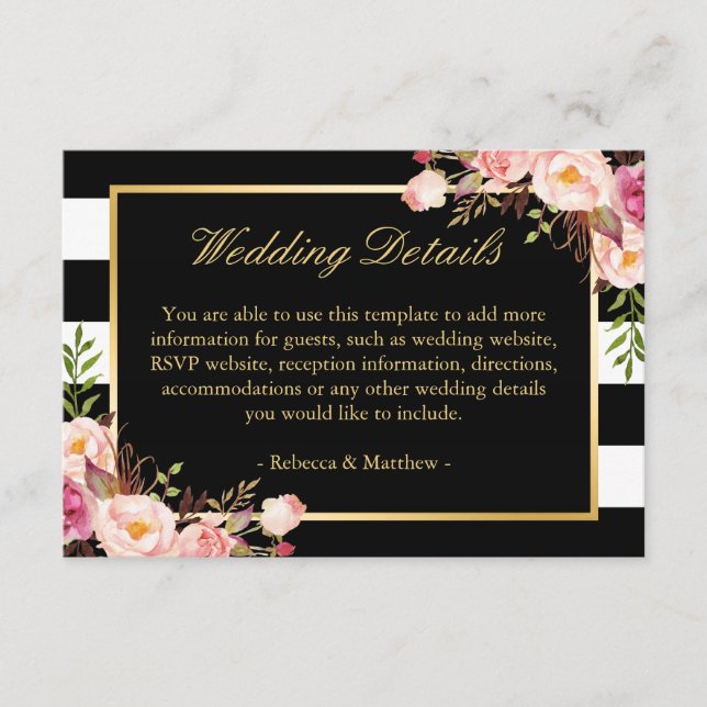 Rosa Floral Gold Schwarze Streifen Hochzeitdetails Begleitkarte (Vorderseite)