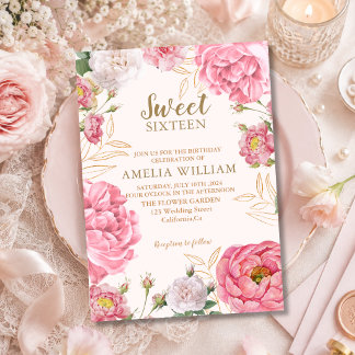 Rosa Floral Gold Sweet 16 Blush Botanischer Geburt Einladung