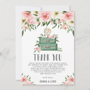 Rosa Floral Grüne Abenteuer Baby Duschreise Dankeskarte