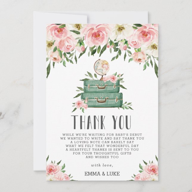 Rosa Floral Grüne Abenteuer Baby Duschreise Dankeskarte (Vorderseite)