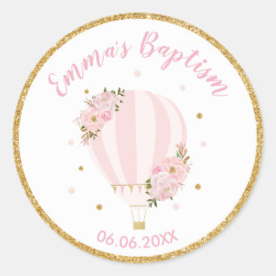Rosa Floral Hot Air Ballon Taufe Gefallen Runder Aufkleber