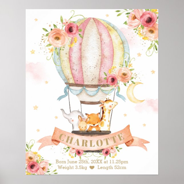 Rosa Floral Hot Air Ballon Tiere Geburtsstadien Poster (Vorne)