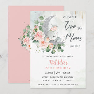 Rosa Floral Koala Bär 2. Geburtstag Crescent Moon Einladung